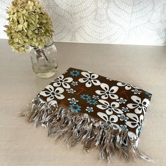 Large Blue, Brown, White Floral, Palm Tress, Wrap/Scarf/Shawl, Fringe, Boho - Picture 3 of 7